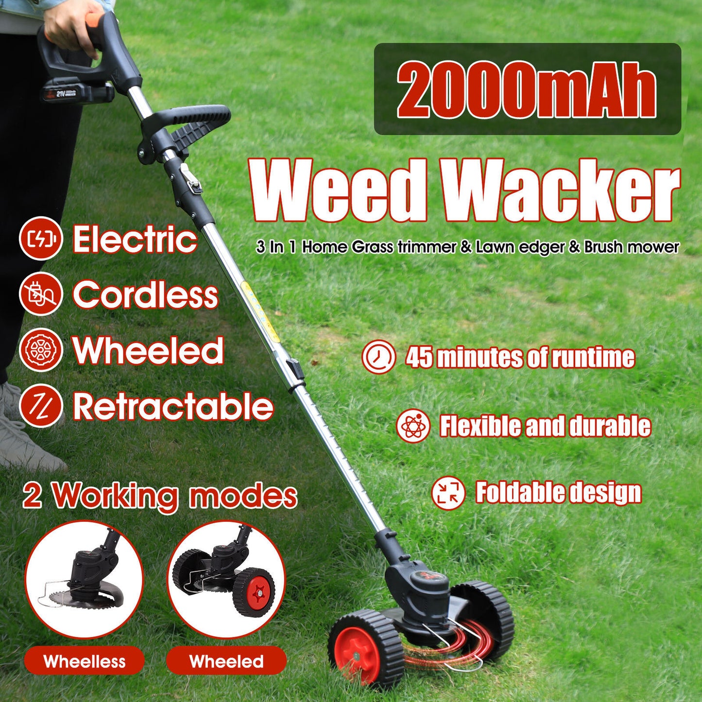 Cordless Electric Grass Trimmer & Brush Cutter – Lightweight Lawn Edger & Whipper Snipper